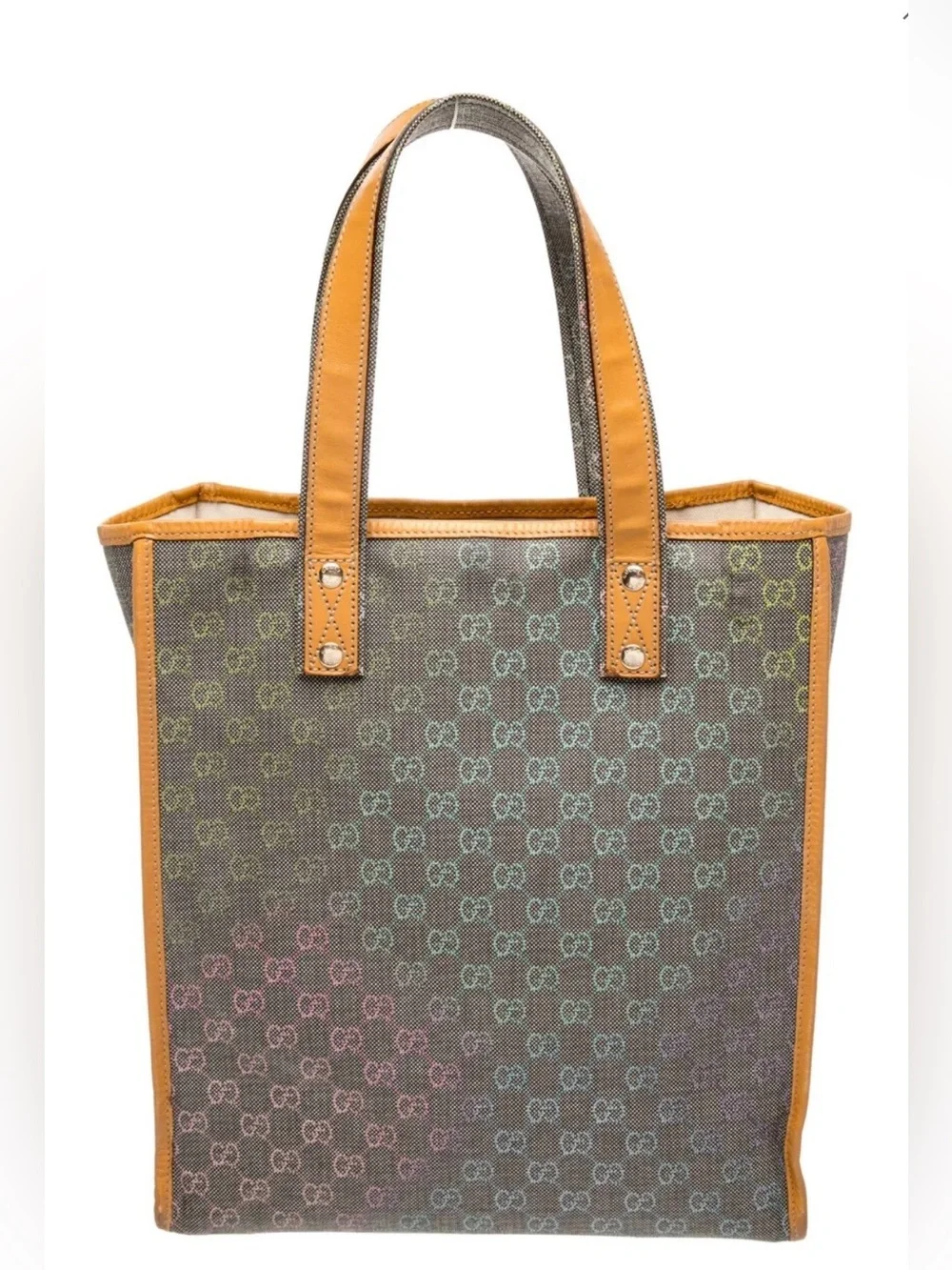 Gucci GG Supreme Multicolor Monogram Grey Canvas Tote Bag Leather Trim COA